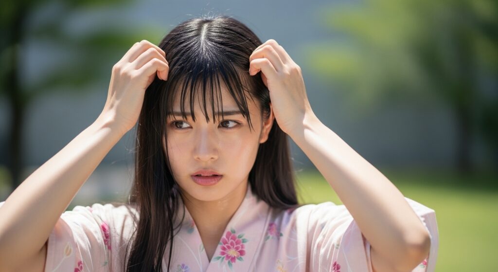 前髪のうねるを気にする女性